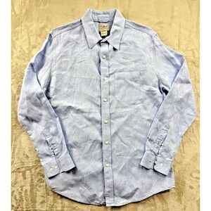 LL Bean Linen Shirt Men Medium Blue Lightweight Breezy Slightly Fitted Long Slee